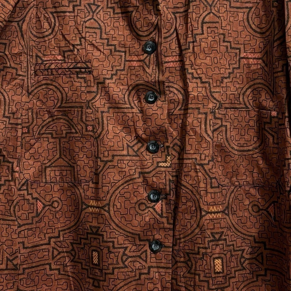 PERUVIAN CONNECTION Sz Lg Geometric Brown Long Jacket Trench - Picture 3 of 5